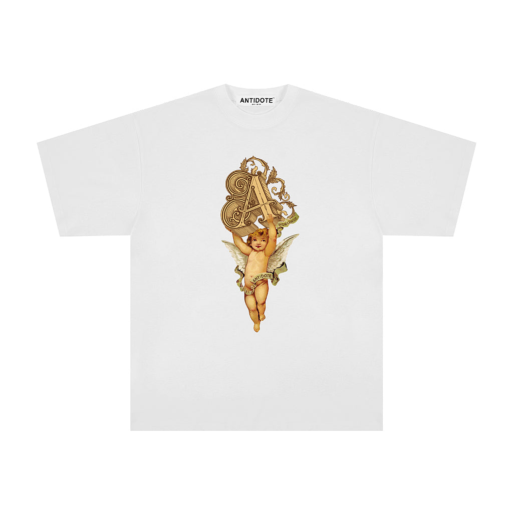 Unisex Angel Print T-Shirt – Black & White Couple Short Sleeve Graphic Tee