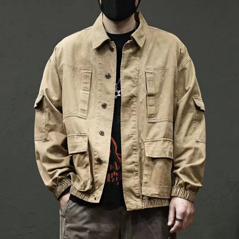 Men’s Oversized Vintage Denim Jacket – Trendy Multi-Pocket Casual Coat