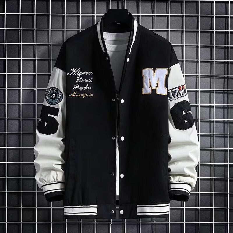 Men’s Letter Patch Baseball Jacket – Casual Button-Down Varsity Streetwear Coat