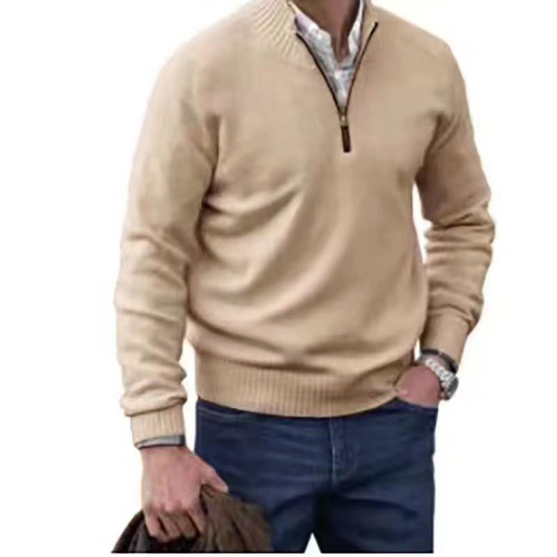 Men’s Casual Zip Collar Sweater – Solid Color Knit
