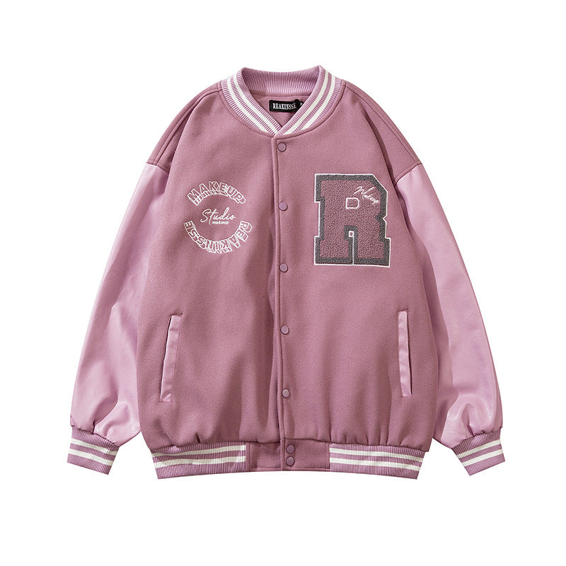 Men’s Embroidered Baseball Jacket with Leather Sleeves – New Stitching Varsity Style