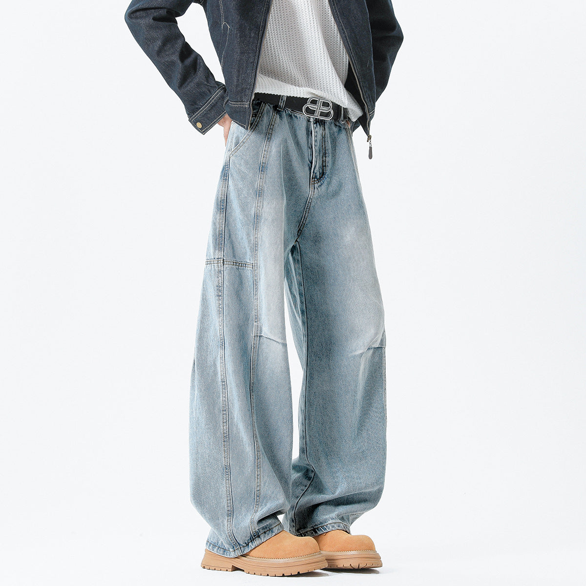 Men’s Vintage Washed Denim Jeans – Retro Pleated Loose Straight-Leg Pants
