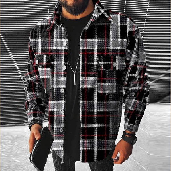 Men’s Long Sleeve Check Shirt – Casual Stand Collar Pocket Shirt