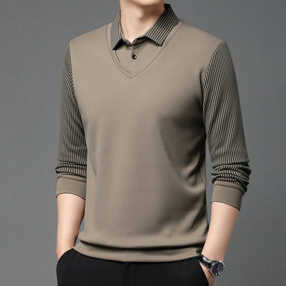 Men’s Business Casual Fake Two-Piece Striped Sleeve T-Shirt – Fashion Slim Fit Top