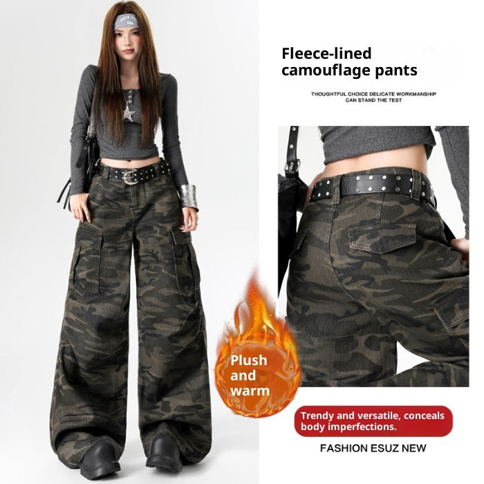 Women’s Winter Fleece Denim Jeans – High-Waist Loose Fit Warm Straight Pants