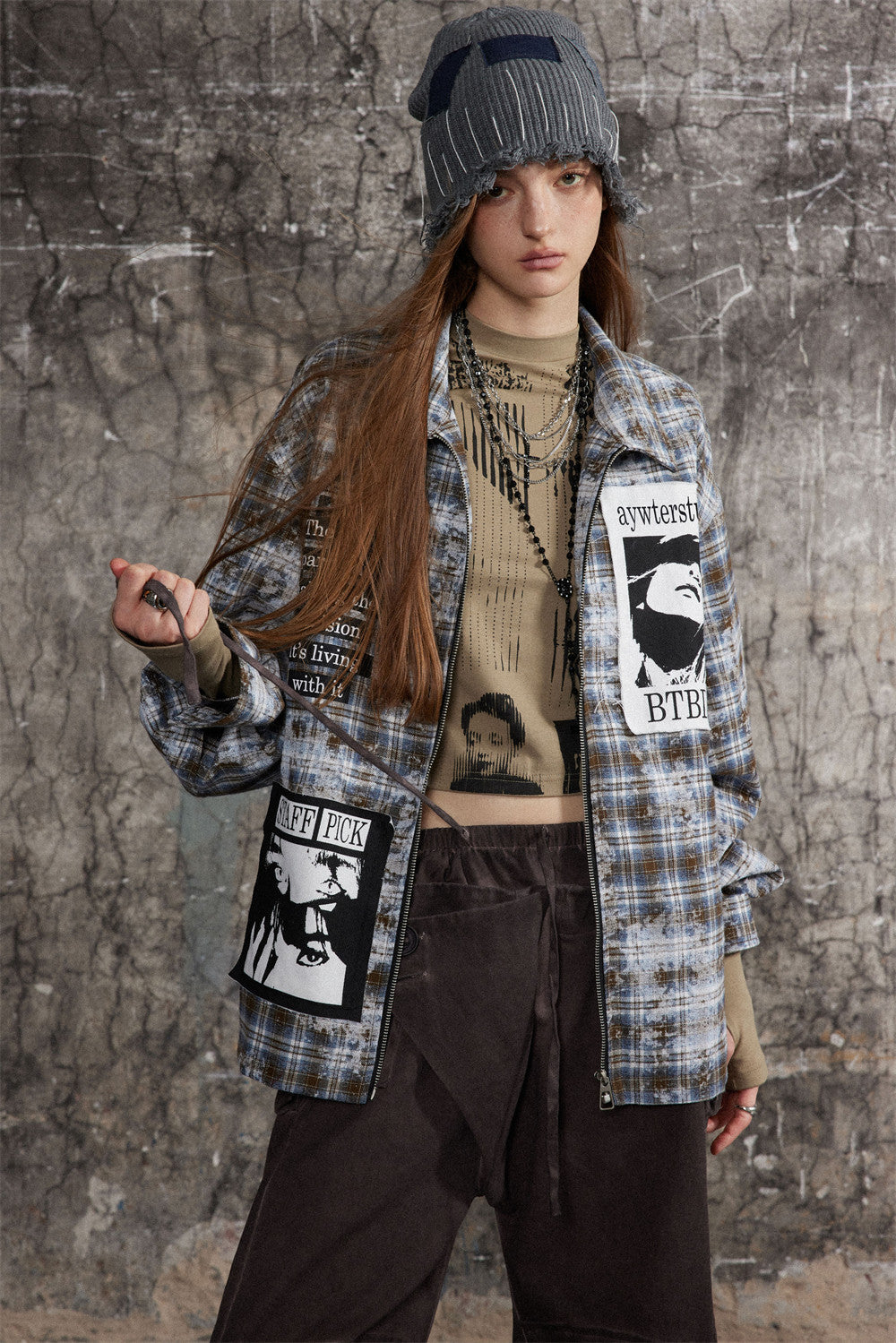 Vintage Distressed Plaid Jacket Women – Casual Checkered Trendy Outerwear