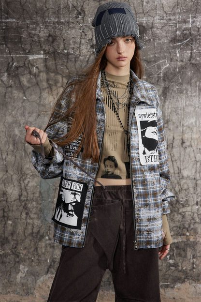 Vintage Distressed Plaid Jacket Women – Casual Checkered Trendy Outerwear