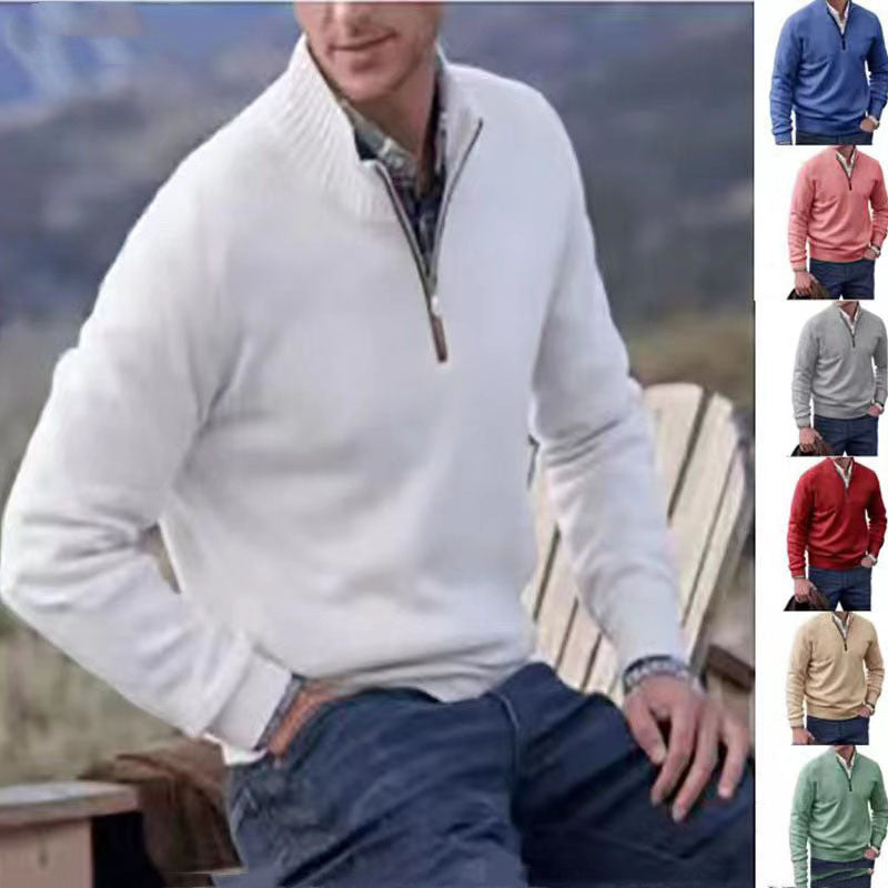 Men’s Casual Zip Collar Sweater – Solid Color Knit