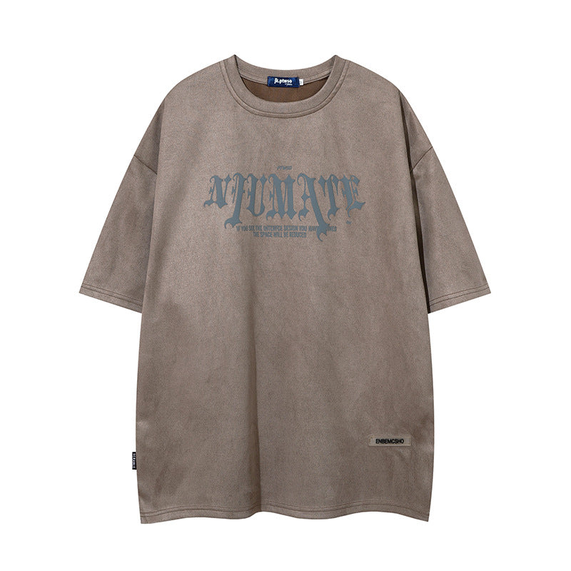 Men’s American Retro High Street Velvet Puff Print T-Shirt – Deerskin Fabric Short Sleeve Streetwear Tee