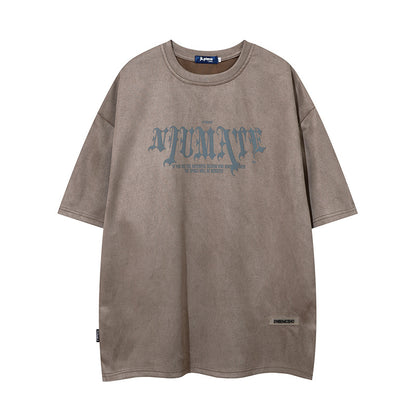 Men’s American Retro High Street Velvet Puff Print T-Shirt – Deerskin Fabric Short Sleeve Streetwear Tee