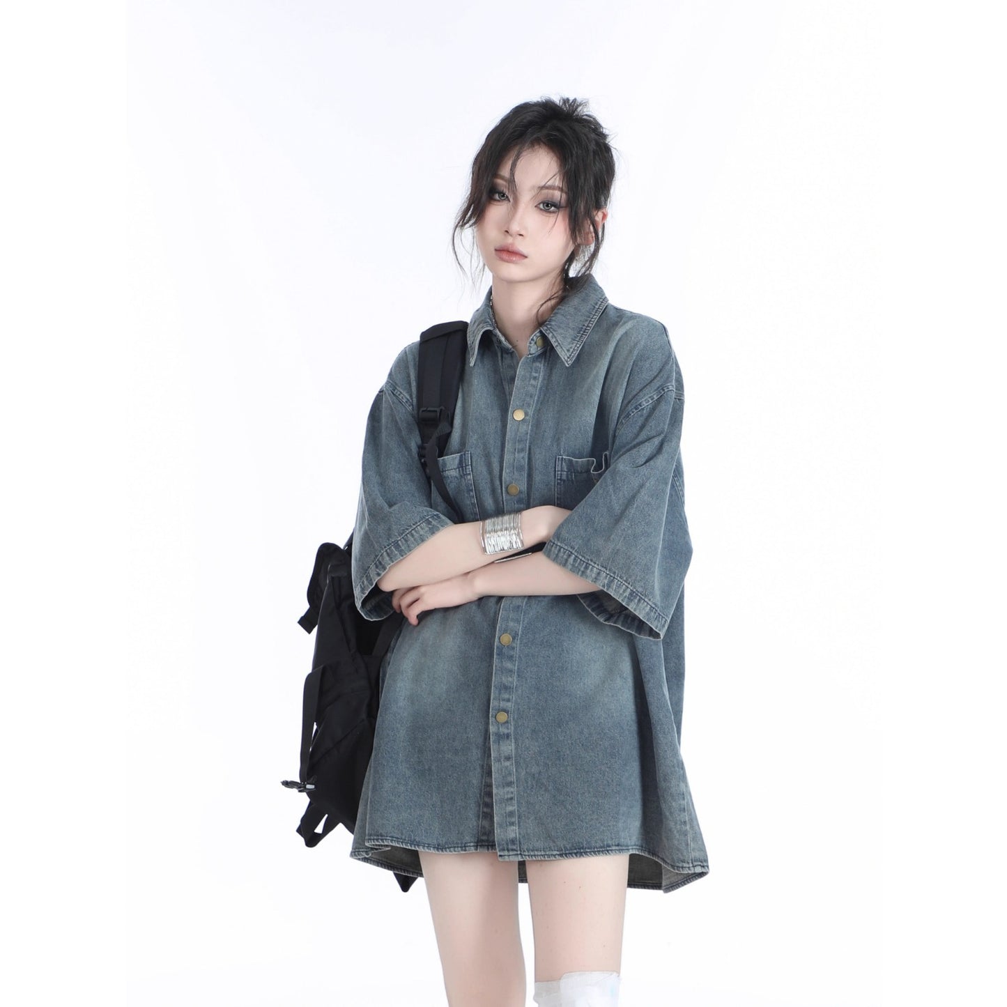 American Retro Heavy Wash Denim Short Sleeve Shirt – Vintage Washed Casual Streetwear