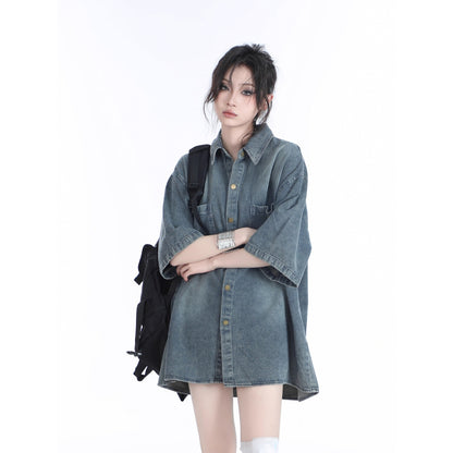 American Retro Heavy Wash Denim Short Sleeve Shirt – Vintage Washed Casual Streetwear