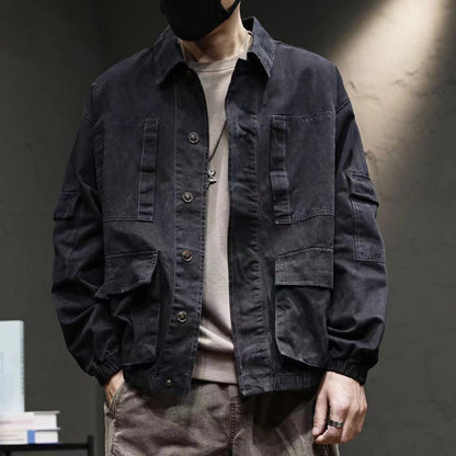 Men’s Oversized Vintage Denim Jacket – Trendy Multi-Pocket Casual Coat