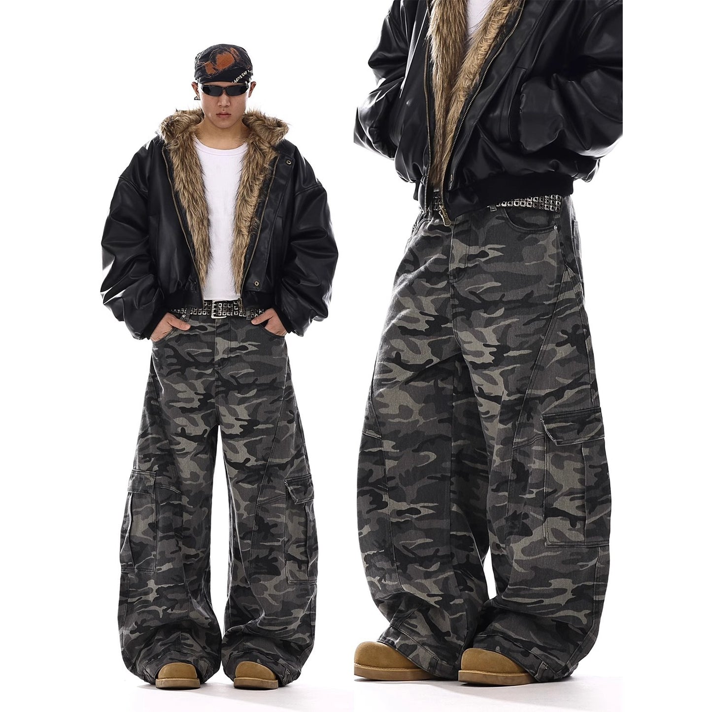 Retro American Style Camo Patchwork Jeans – Men’s Ripped Machete-Cut Denim Trousers