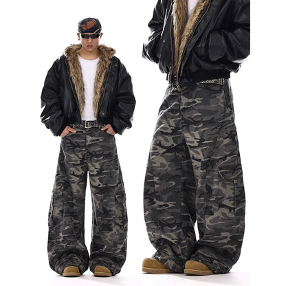 Retro American Style Camo Patchwork Jeans – Men’s Ripped Machete-Cut Denim Trousers