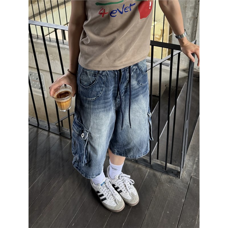 Unisex American Style Washed Denim Capri Pants – Loose Fit Multi-Pocket Cropped Jeans for Men & Women