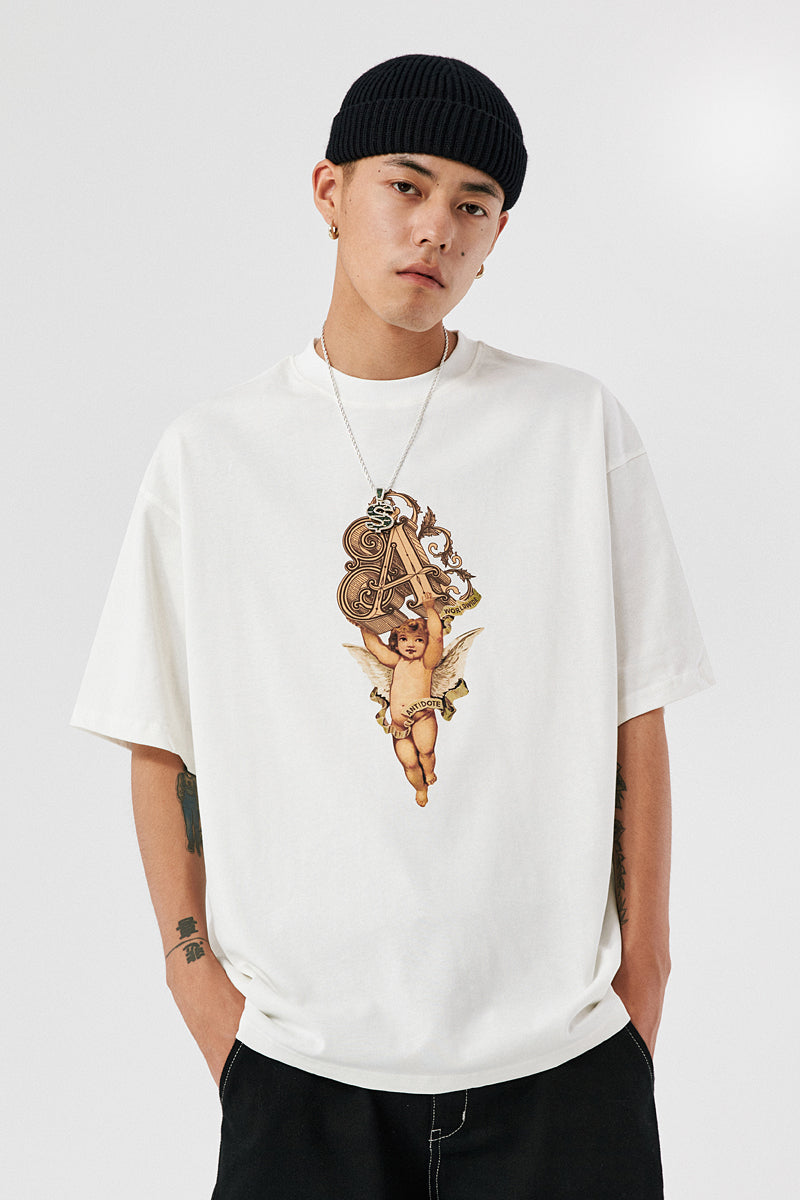 Unisex Angel Print T-Shirt – Black & White Couple Short Sleeve Graphic Tee