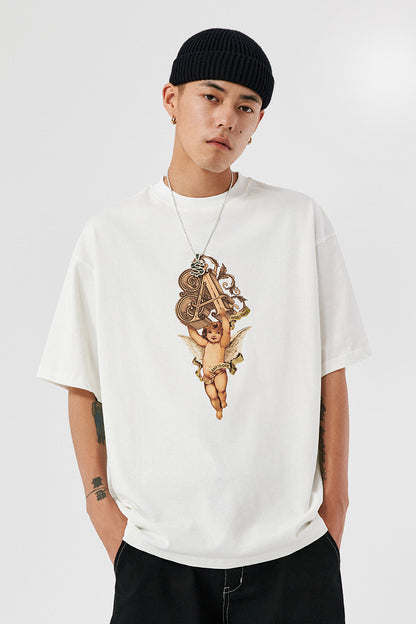 Unisex Angel Print T-Shirt – Black & White Couple Short Sleeve Graphic Tee