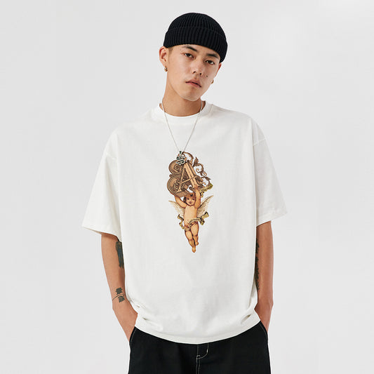 Unisex Angel Print T-Shirt – Black & White Couple Short Sleeve Graphic Tee