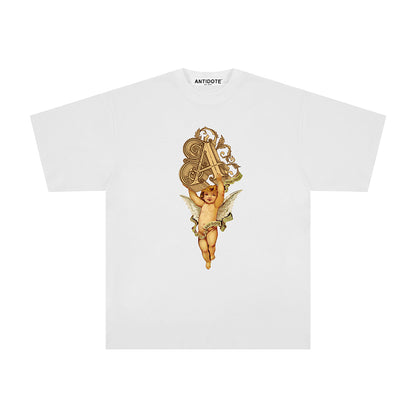 Unisex Angel Print T-Shirt – Black & White Couple Short Sleeve Graphic Tee
