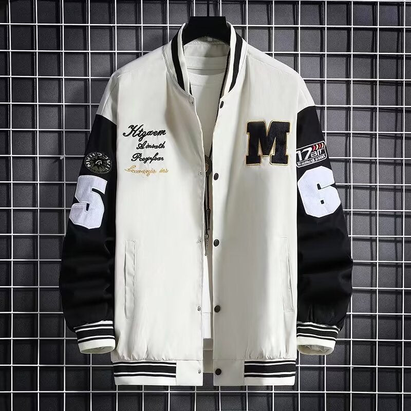Men’s Letter Patch Baseball Jacket – Casual Button-Down Varsity Streetwear Coat