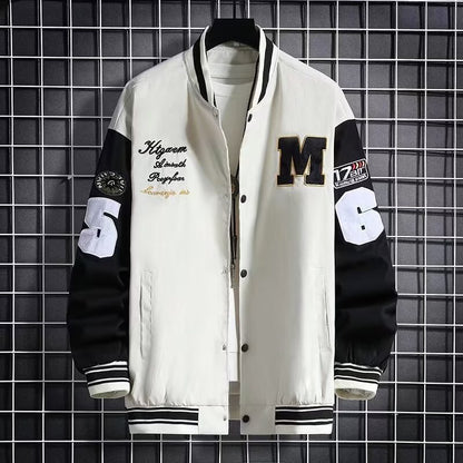 Men’s Letter Patch Baseball Jacket – Casual Button-Down Varsity Streetwear Coat