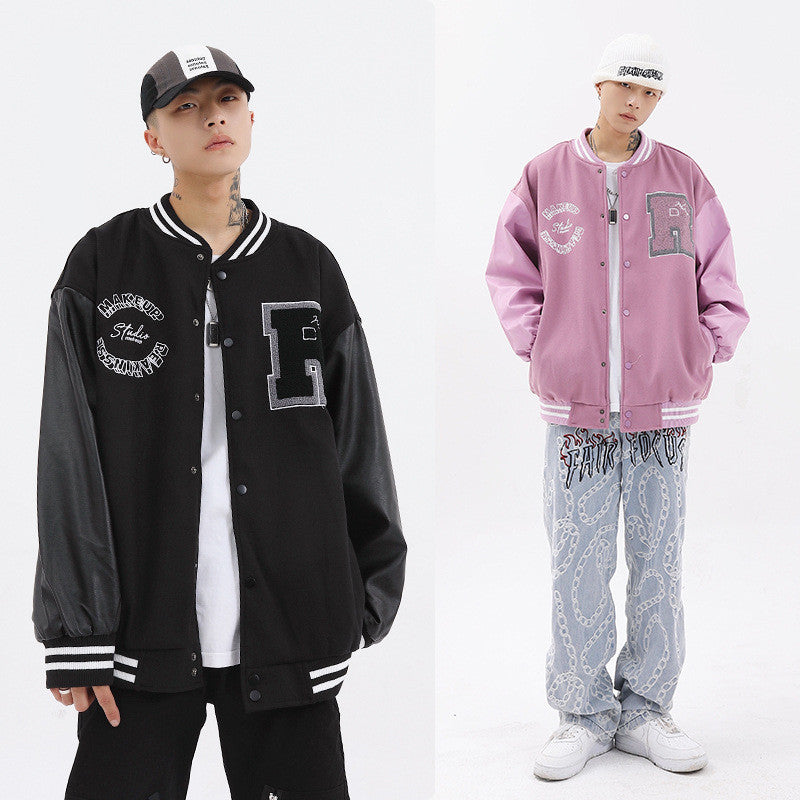 Men’s Embroidered Baseball Jacket with Leather Sleeves – New Stitching Varsity Style