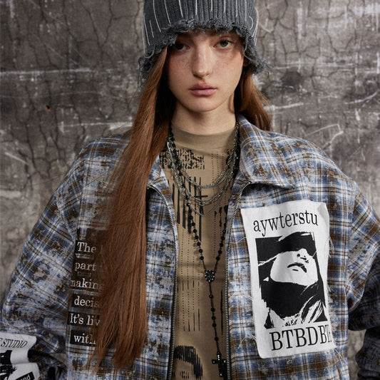 Vintage Distressed Plaid Jacket Women – Casual Checkered Trendy Outerwear