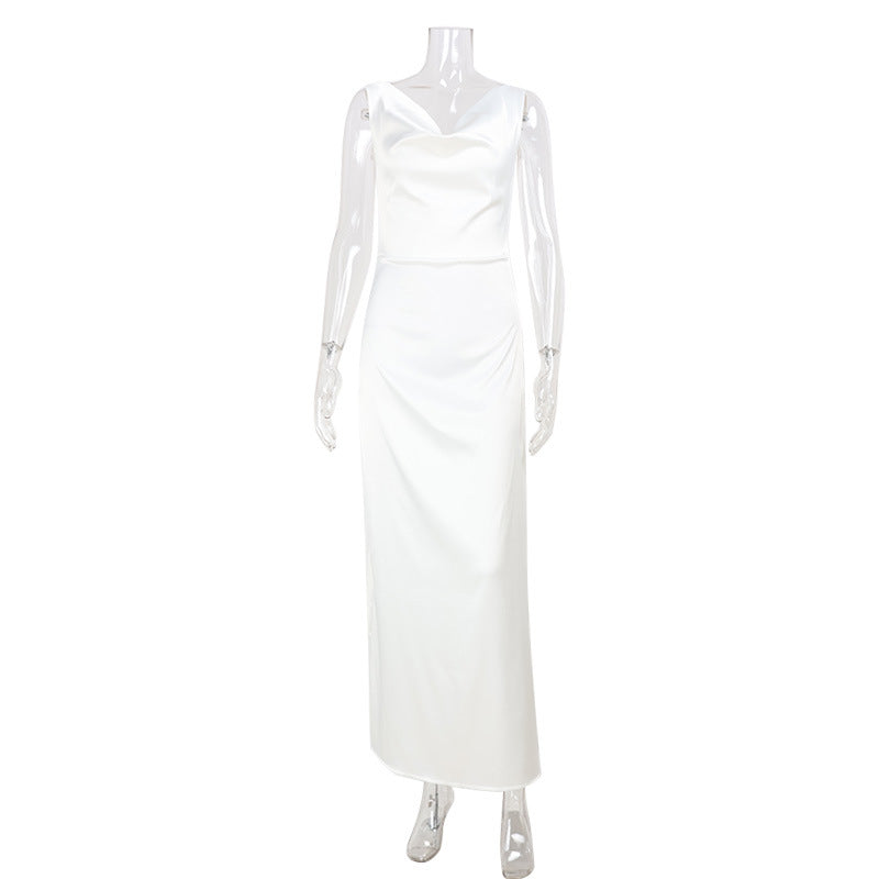 Women’s Satin Party Dress – Sleeveless V-Neck French Style