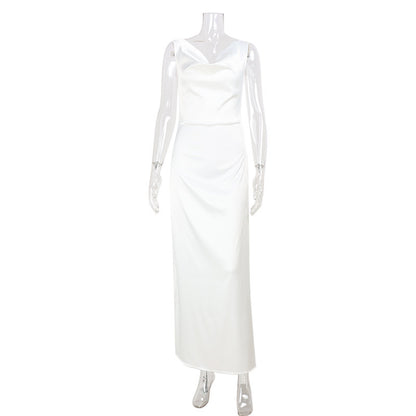 Women’s Satin Party Dress – Sleeveless V-Neck French Style