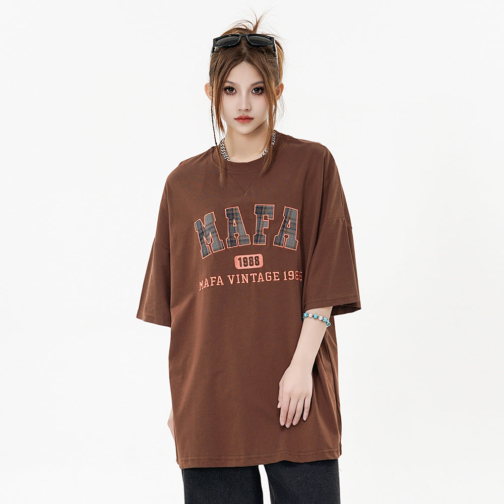 Women’s Casual Letter Patch Embroidery T-Shirt – Stylish Short Sleeve Cotton Top