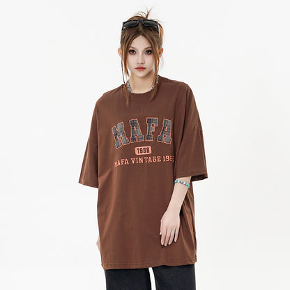 Women’s Casual Letter Patch Embroidery T-Shirt – Stylish Short Sleeve Cotton Top