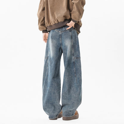 Men’s Vintage Washed Denim Jeans – Retro Pleated Loose Straight-Leg Pants