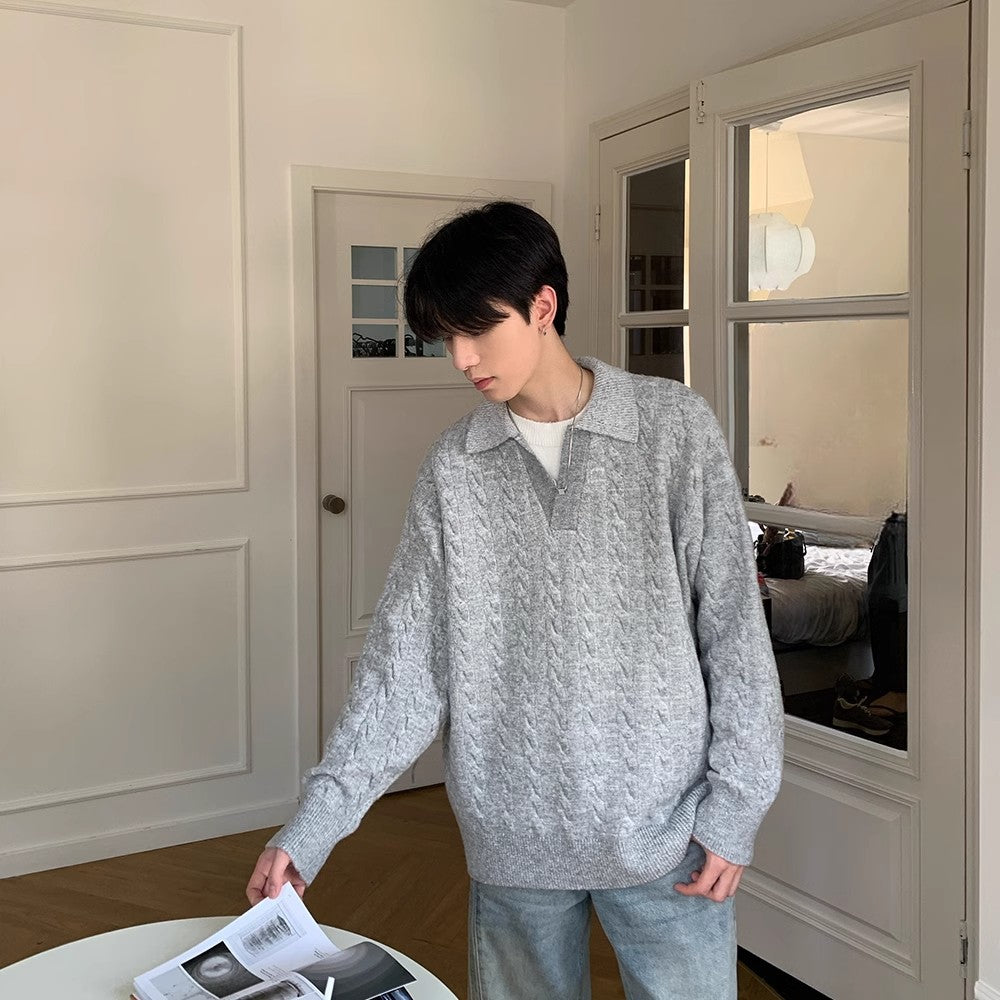 Men’s Retro Herringbone Knit Sweater – Textured Lapel Pullover, Vintage Casual Jumper