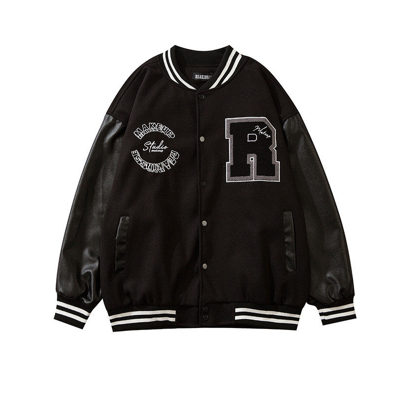 Men’s Embroidered Baseball Jacket with Leather Sleeves – New Stitching Varsity Style