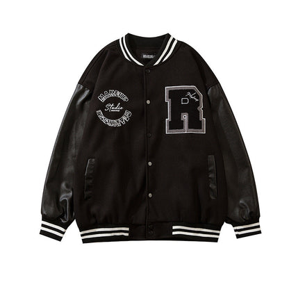 Men’s Embroidered Baseball Jacket with Leather Sleeves – New Stitching Varsity Style