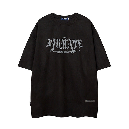 Men’s American Retro High Street Velvet Puff Print T-Shirt – Deerskin Fabric Short Sleeve Streetwear Tee