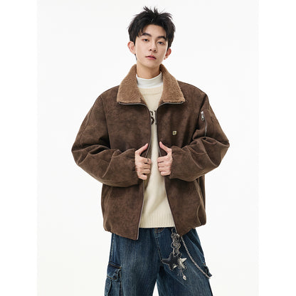 Men’s American Style Fleece-Lined Cotton Coat – Tie-Dye PU Leather Lapel, Fur Trim, Extra Warm Padded Jacket