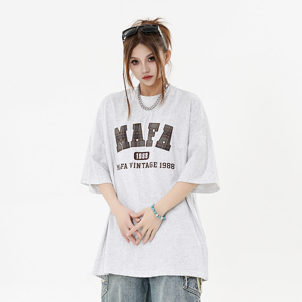 Women’s Casual Letter Patch Embroidery T-Shirt – Stylish Short Sleeve Cotton Top