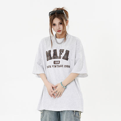 Women’s Casual Letter Patch Embroidery T-Shirt – Stylish Short Sleeve Cotton Top