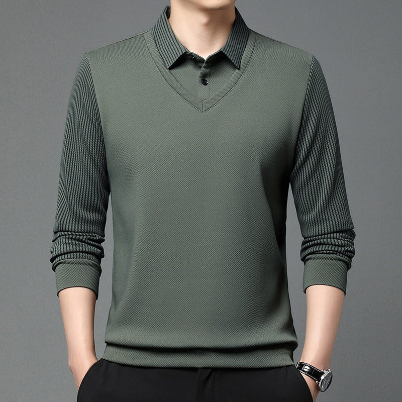 Men’s Business Casual Fake Two-Piece Striped Sleeve T-Shirt – Fashion Slim Fit Top