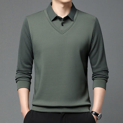 Men’s Business Casual Fake Two-Piece Striped Sleeve T-Shirt – Fashion Slim Fit Top