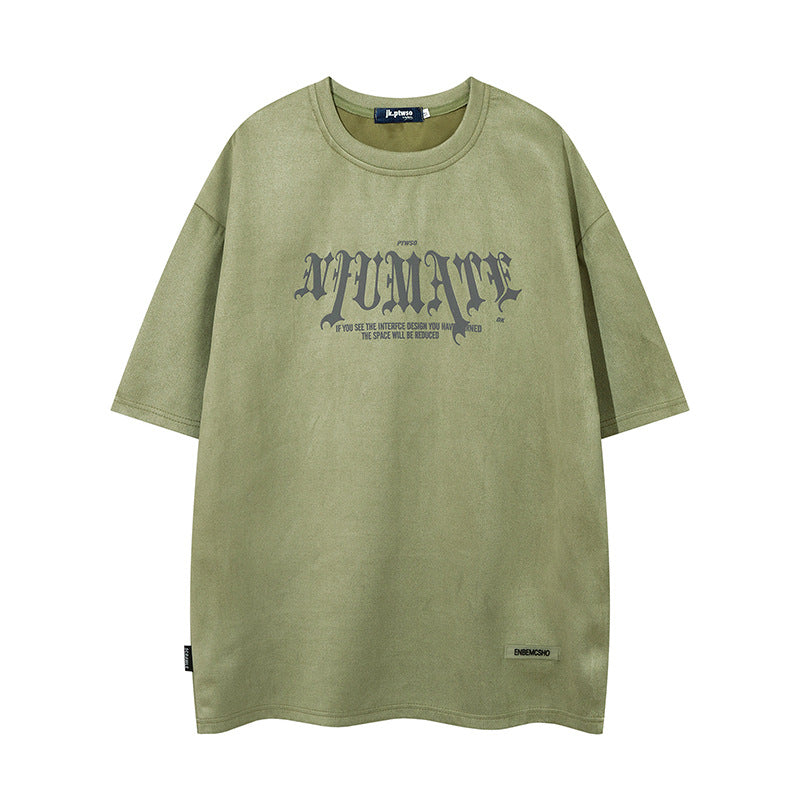 Men’s American Retro High Street Velvet Puff Print T-Shirt – Deerskin Fabric Short Sleeve Streetwear Tee