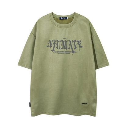 Men’s American Retro High Street Velvet Puff Print T-Shirt – Deerskin Fabric Short Sleeve Streetwear Tee