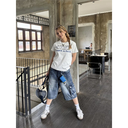 Unisex American Style Washed Denim Capri Pants – Loose Fit Multi-Pocket Cropped Jeans for Men & Women