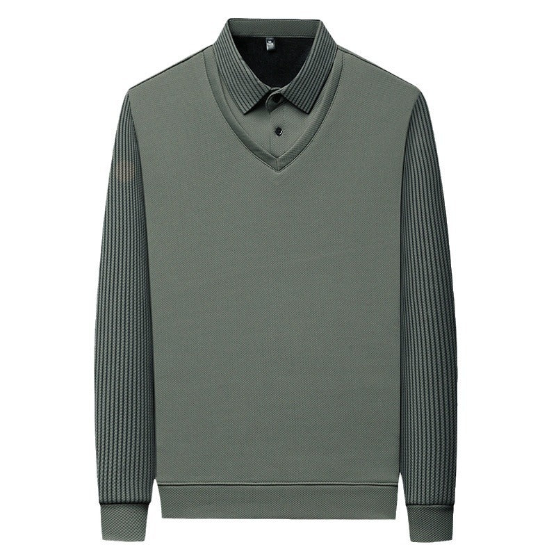 Men’s Business Casual Fake Two-Piece Striped Sleeve T-Shirt – Fashion Slim Fit Top