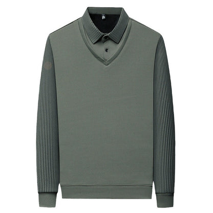 Men’s Business Casual Fake Two-Piece Striped Sleeve T-Shirt – Fashion Slim Fit Top