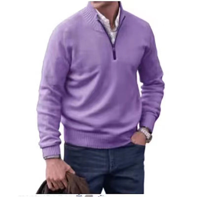 Men’s Casual Zip Collar Sweater – Solid Color Knit