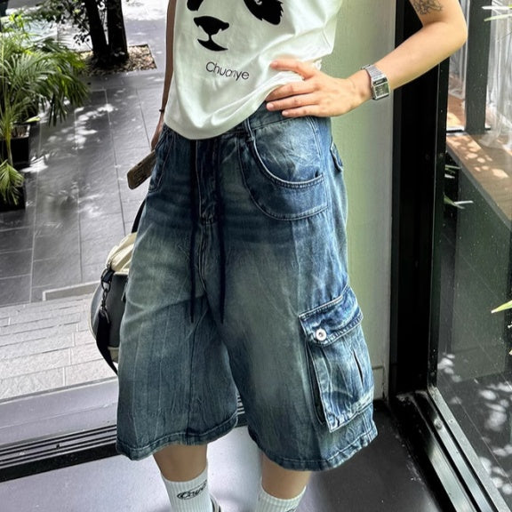Unisex American Style Washed Denim Capri Pants – Loose Fit Multi-Pocket Cropped Jeans for Men & Women
