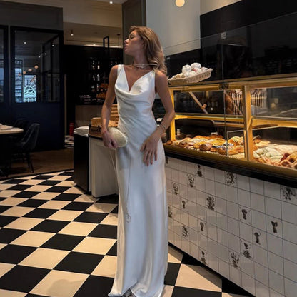 Women’s Satin Party Dress – Sleeveless V-Neck French Style